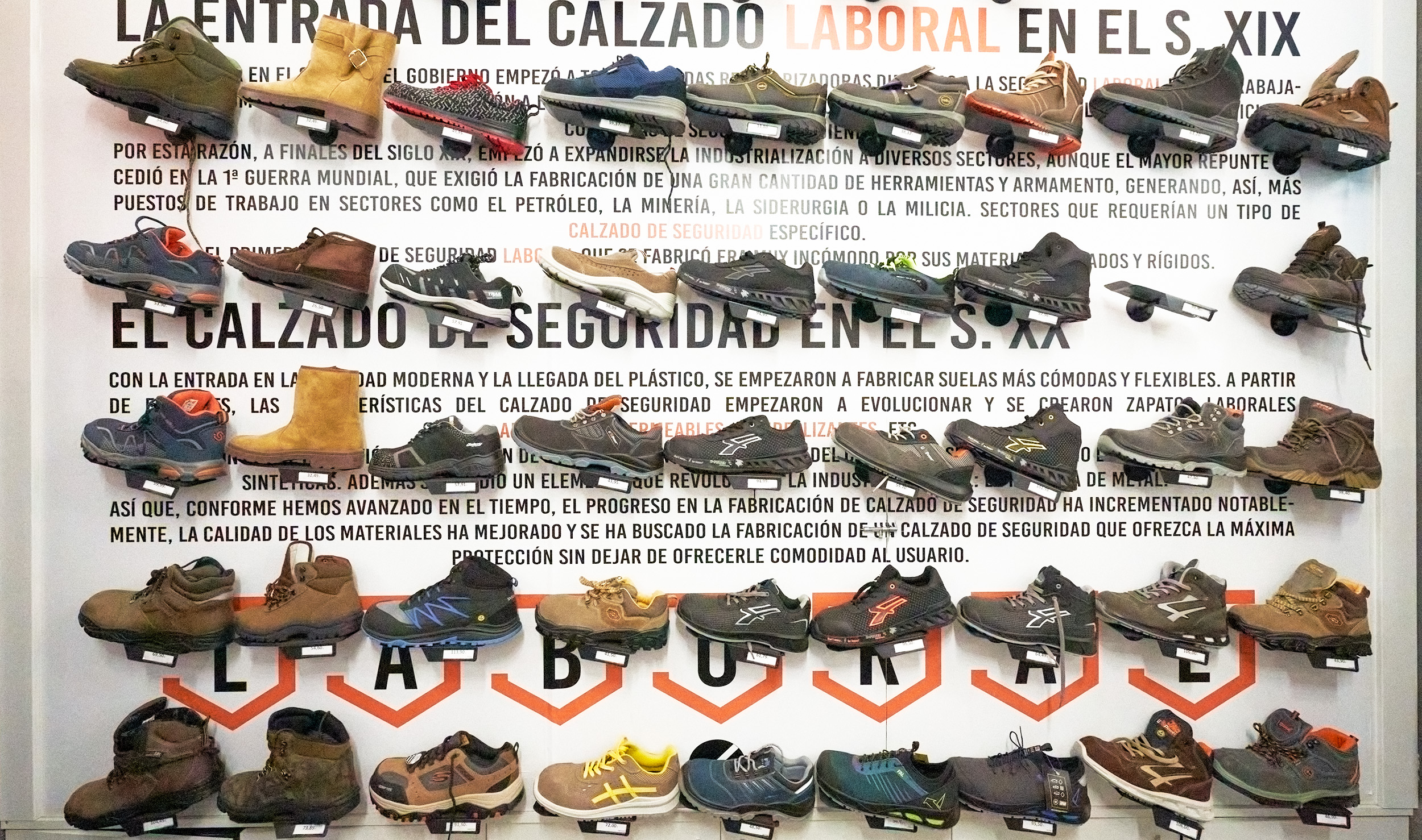 Expositor de pared con calzado laboral y de seguridad en tienda LABORAL, variedad de botas y zapatillas técnicas con descripción histórica sobre la evolución del calzado de trabajo.