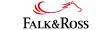 Logotipo de Falk & Ross con silueta roja de un caballo y texto en letras negras.