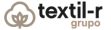 Logotipo de Textil-r Grupo con icono de flor de algodón en color beige y texto en negro y beige.