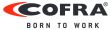 Logotipo de Cofra con lema "Born to Work", símbolo rojo curvo y texto en negrita negra.