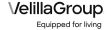 Logotipo de Velilla Group con el eslogan 'Equipped for living' en letras negras sobre fondo blanco.